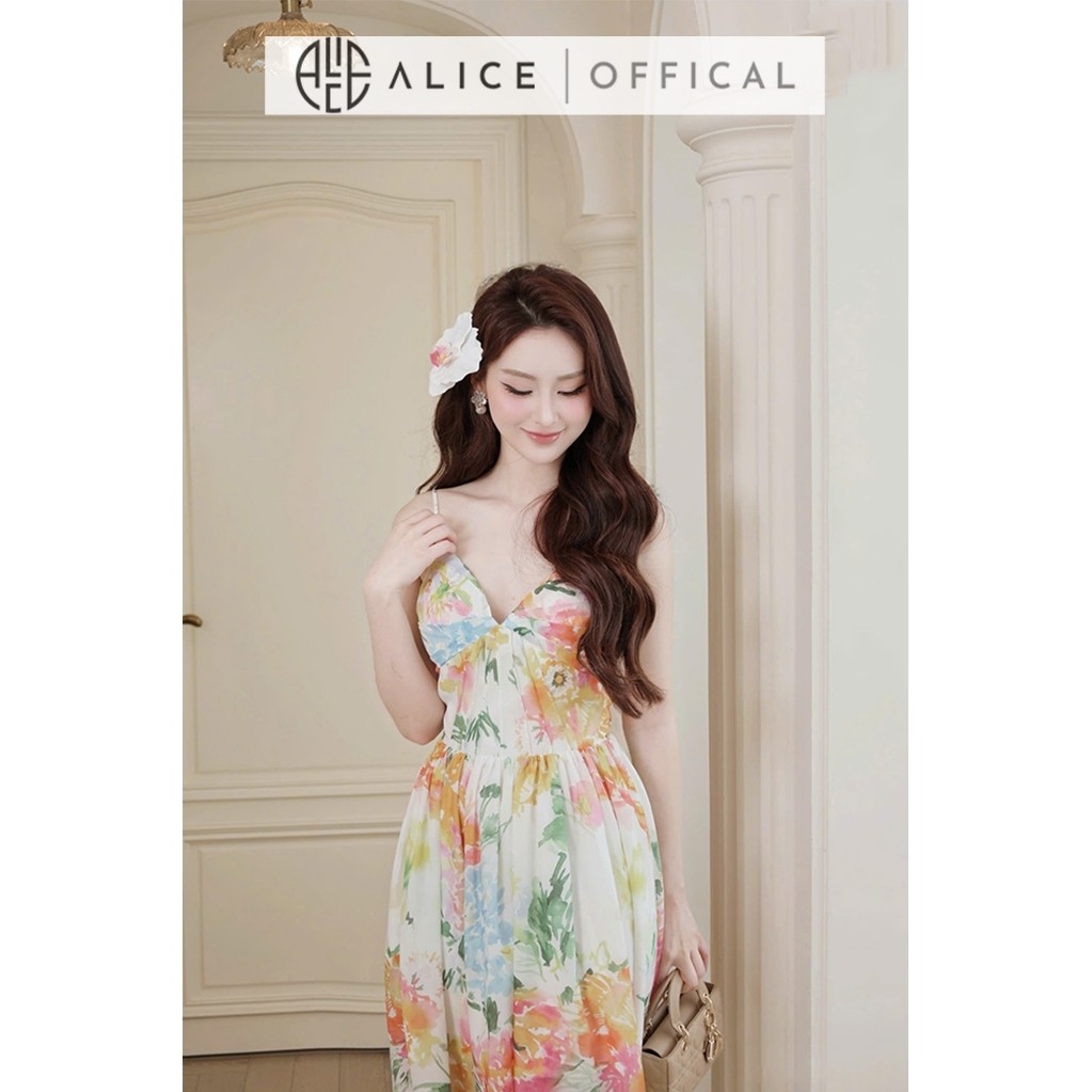 Váy Hoa Mùa Hè Alice Phong Cách Tiểu Thư, Đầm Maxi Xòe 2 Dây Cúp Ngưc Mát Mẻ Phù Hợp Đi Biển T495