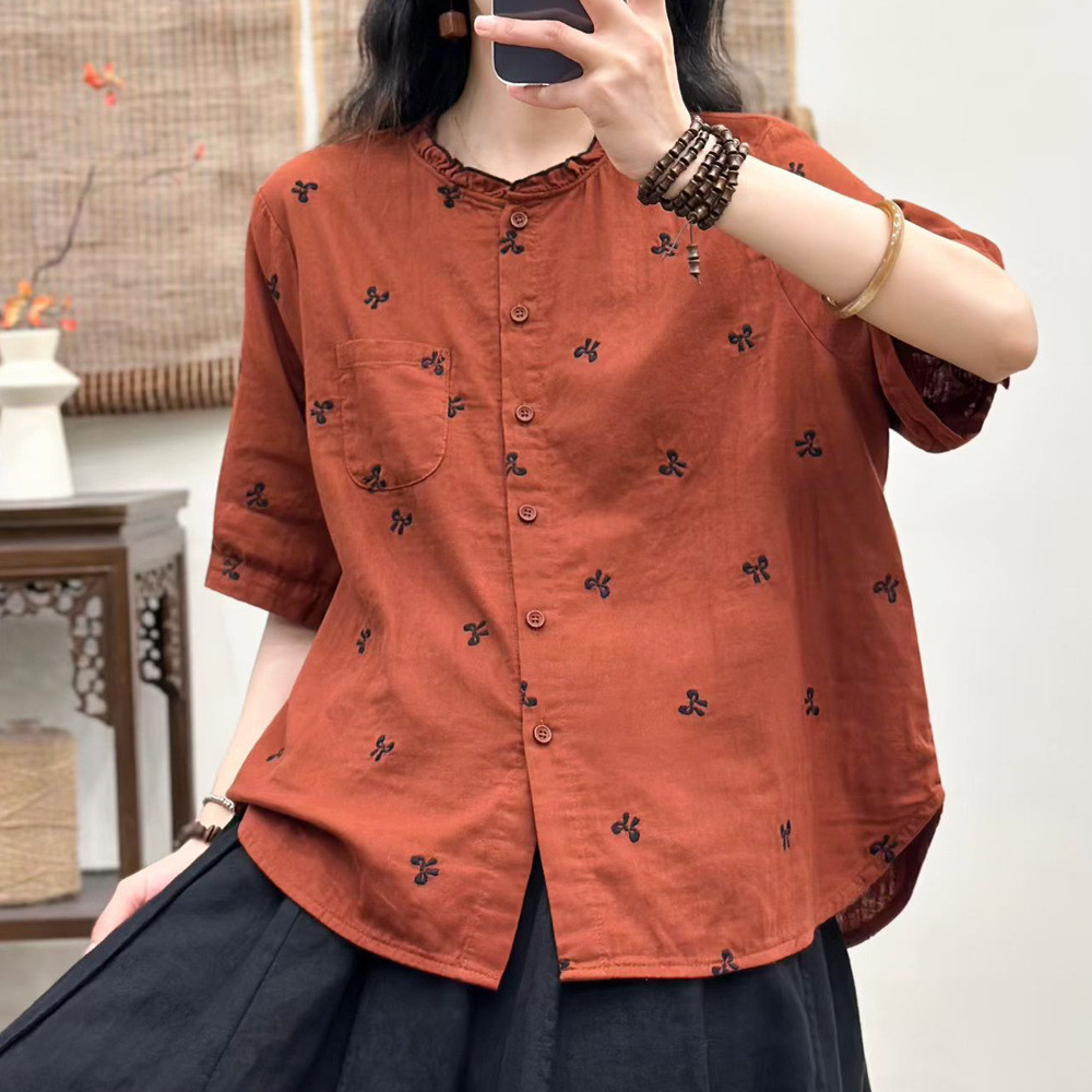 Áo Sơ Mi Nữ Cổ Nấm Tay Ngắn Chất Lượng Cao Sợi Cotton, Hoa Rời, Size Lớn