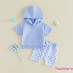 Bộ áo Hoodie ngắn tay màu trơn có túi + Quần Short in hình bàn cờ Trang phục 2 mảnh