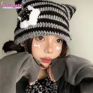 Mũ beanie BORAGETE Y2K, Mũ sọc Y2K Ngôi sao quỷ dễ thương, Mũ nữ đan Mũ beanie mùa thu đông
