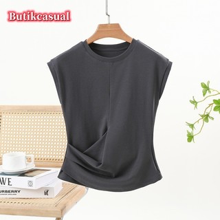 Áo thun nữ cotton không tay mỏng 2025 xuân hè thời trang mới xếp li đa năng áo thun dáng rộng áo sơ mi giản dị