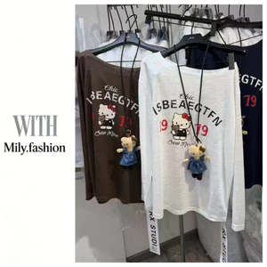 Milyfashion Kích Thước Lớn Rời Cổ Áo Chống Nắng Hoạt Hình kt Mèo In Hình Tam Giác Vai Dài Tay Áo Thun Phong Cách Mới Thời Trang Mỏng Hơn Nhìn Top CET7