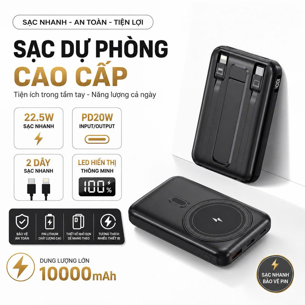 Sạc Dự Phòng Không Dây 10000mAh Tích Hợp 2 Dây Sạc Sạc Nhanh PD 22.5W Dung Lượng Lớn Tiện Mang Theo