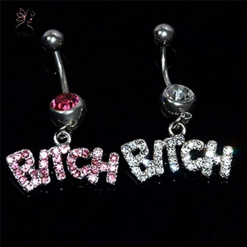 HNKMP Bitch Letters Kim cương giả Nút bụng pha lê Rốn Ring Barbell Thép phẫu thuật.
