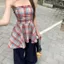 Sweet Hot Girl Style Retro Màu sắc tương phản được kiểm tra Áo Vest nữ mùa hè Áo không tay giảm tuổi không đều