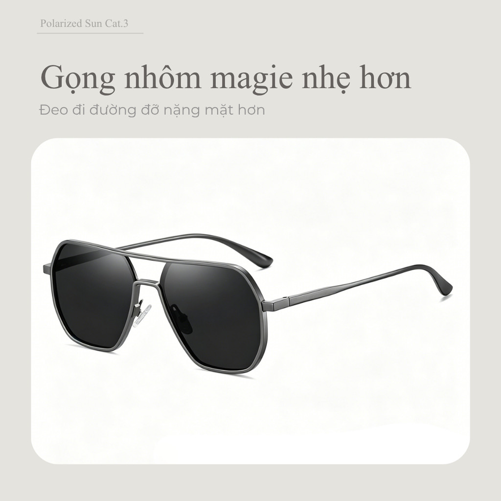 Kính mát phân cực nam dáng phi công vuông gọng nhôm magie nhẹ UV400