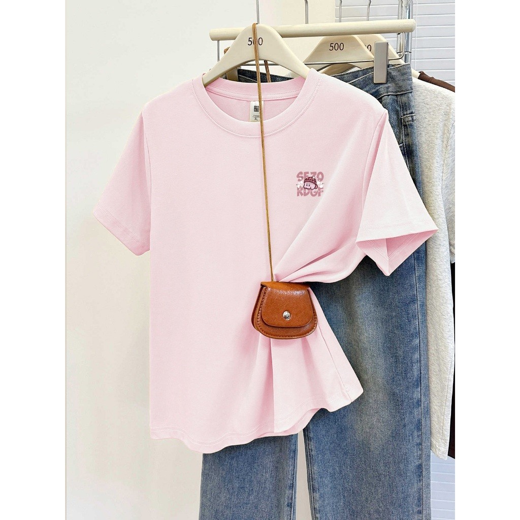 （Giao hàng 24h）Angela Áo thun ngắn tay in chữ cotton dáng rộng Hàn Quốc