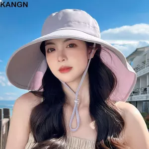 Mũ xô KANGN, Mũ ngư dân rộng vành có thể gập lại, Màu trơn có khăn choàng bảo vệ cổ Mũ Panama mùa hè