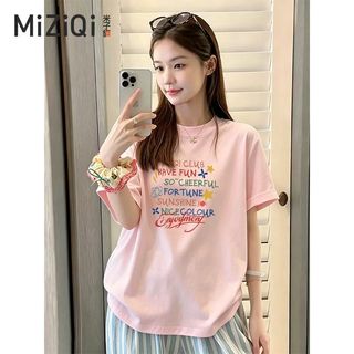 [MIZIQI] Áo thun ngắn tay dáng rộng Cotton nguyên chất dành cho nữ, Áo cổ tròn in hình phong cách đơn giản