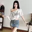 Hợp Thời Trang In Off-Waist Short Top xiên Vai Độc Đáo May Không Đều Viền Nhóm Cô Gái Khiêu Vũ Hàng Ngày Áo Thun Phù Hợp
