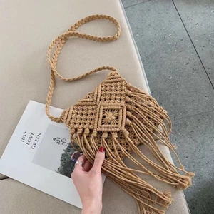 Sợi Cotton Messenger Túi Rơm Phong Cách Dân Tộc Túi Dệt Tay Rỗng Tua Rua Nhỏ Tươi Phiên Bản Hàn Quốc Túi Nhỏ