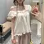 Tính khí ngọt ngào Xù cổ phẳng nhỏ tay bay Voan Top Nữ Mùa hè Tính khí thời trang Slimer Look All-Match