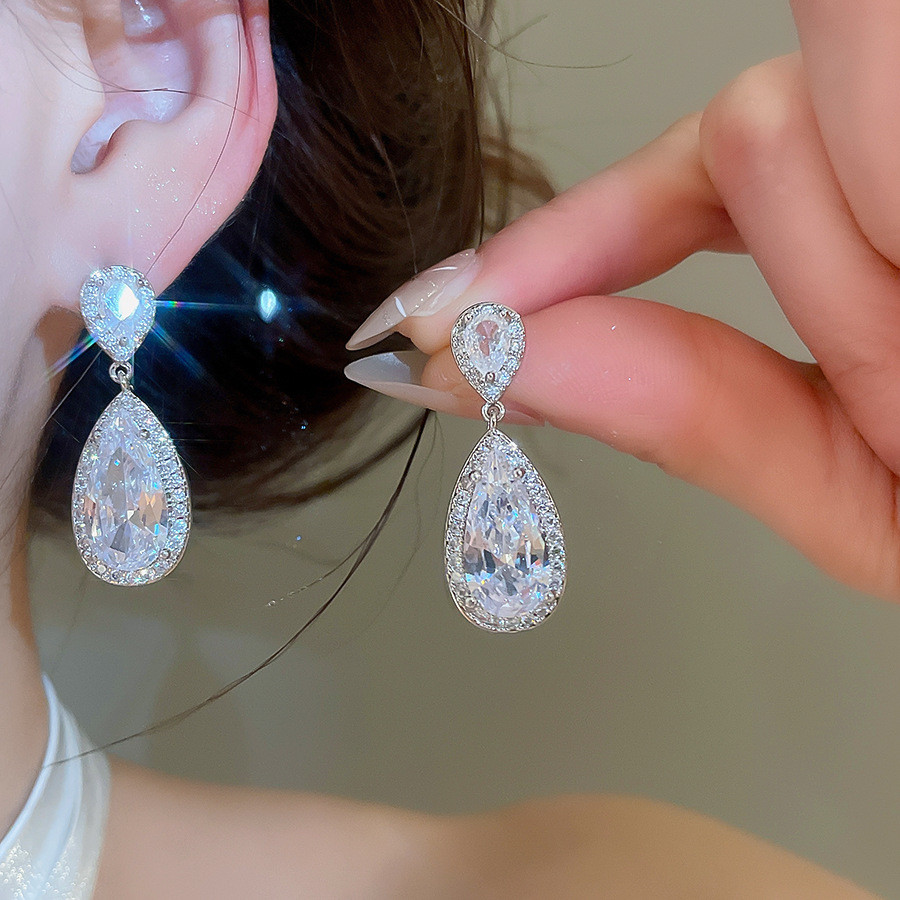 Bông tai thả CZ màu bạc, Bông tai Dangle hai tầng Halo Zircon đôi hai tầng, Trang sức tuyên bố nhiều màu dành cho nữ