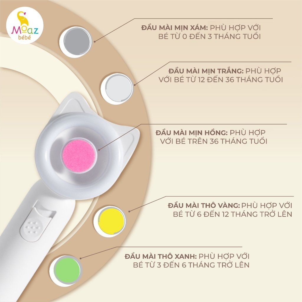 Máy dũa móng tay cho bé MOAZ BEBE mb-080 chính hãng 5 đầu mài chống trầy xước tiện dụng kèm đèn led