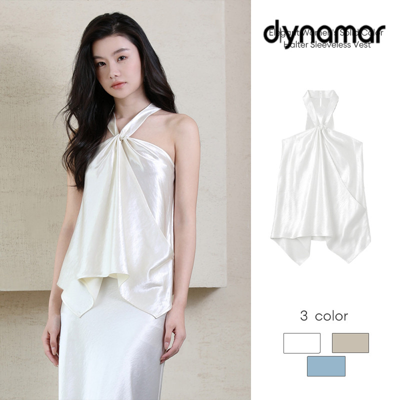 【dynamar】Áo dây không tay đơn giản dành cho nữ, chất liệu lụa bóng, cổ xéo nhiều màu