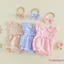 Bộ áo liền quần Gingham tay bay Bộ áo liền quần bong bóng kẻ sọc cổ búp bê với bộ băng đô nơ phù hợp