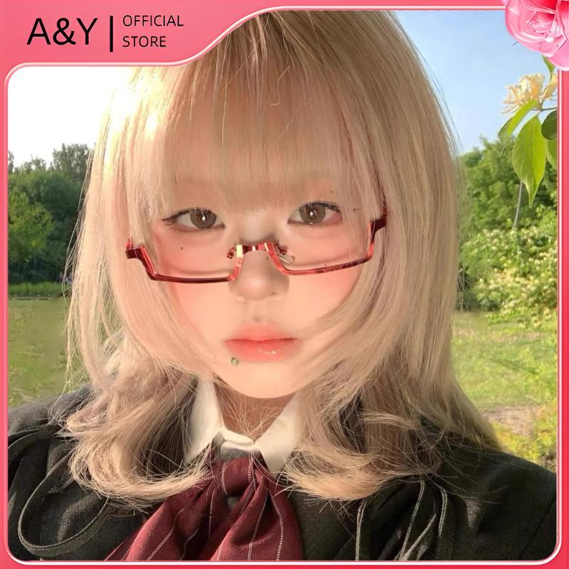 A & Y Y2K Anime Nhật Bản Khung Kính Cosplay Vuông Nhỏ Màu Đỏ Nửa Chiều Không Ống Kính Kính Kính Mắt Hình Chữ Nhật Kim Loại Thời Trang.
