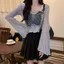 Retro Bướm Thêu Cổ Tròn loe Dài Tay Dệt Kim Nữ Xuân Thu Thiết Kế Ngắn Lười Rời Đáy Áo Sơ Mi
