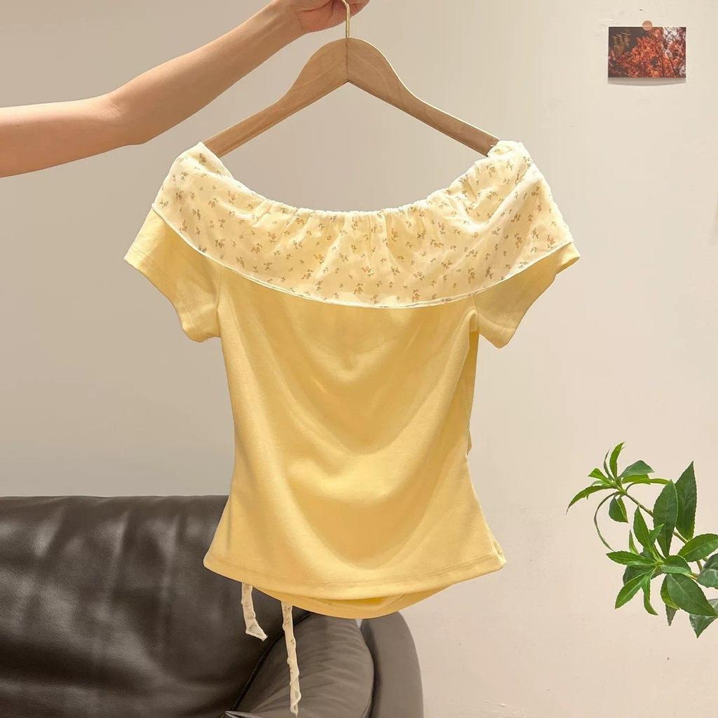 [Thời gian có hạn Seckill] Áo thun ngắn tay thêu ren hoa màu vàng dành cho nữ 2026 Xuân hè Phong cách mới Slim-fit S