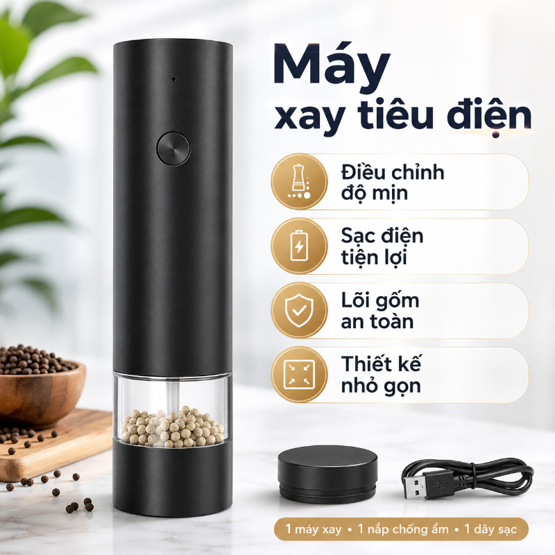 Máy Xay Tiêu điện, Sạc Type-C, Lõi Xay Bằng Gốm, điều Chỉnh độ Mịn, Xay Tiêu Muối Tự động