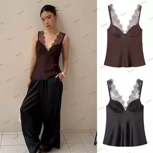 Áo ba lỗ nữ PYCOU, Áo hai dây ren cổ chữ V Satin, Áo không tay mùa hè đa năng phong cách cổ điển gợi cảm thời trang cho đường phố dự tiệc