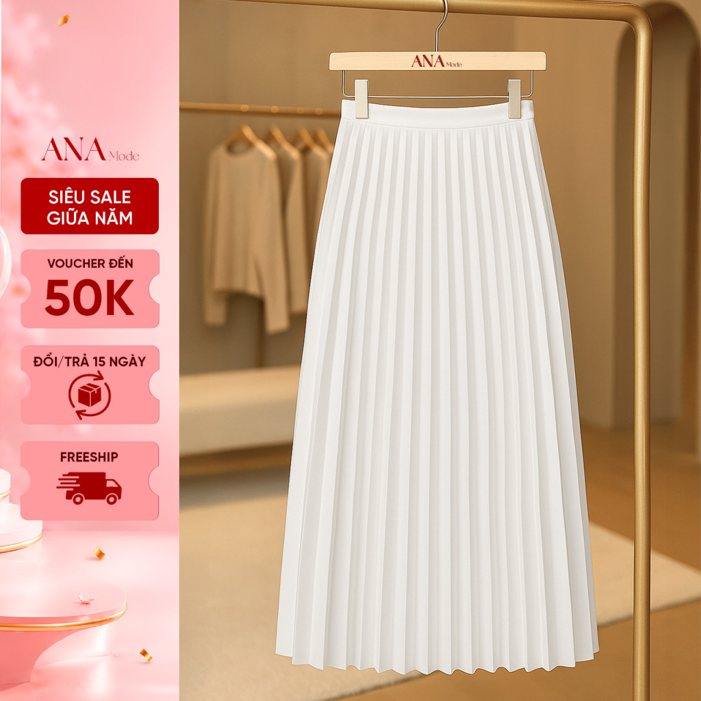 Chân Váy Xếp Ly Trung Niên ANA Mode Chất Liệu Cotton Lạnh Cao Cấp, Sang Trọng Quà Tặng Mẹ CV25CHE17