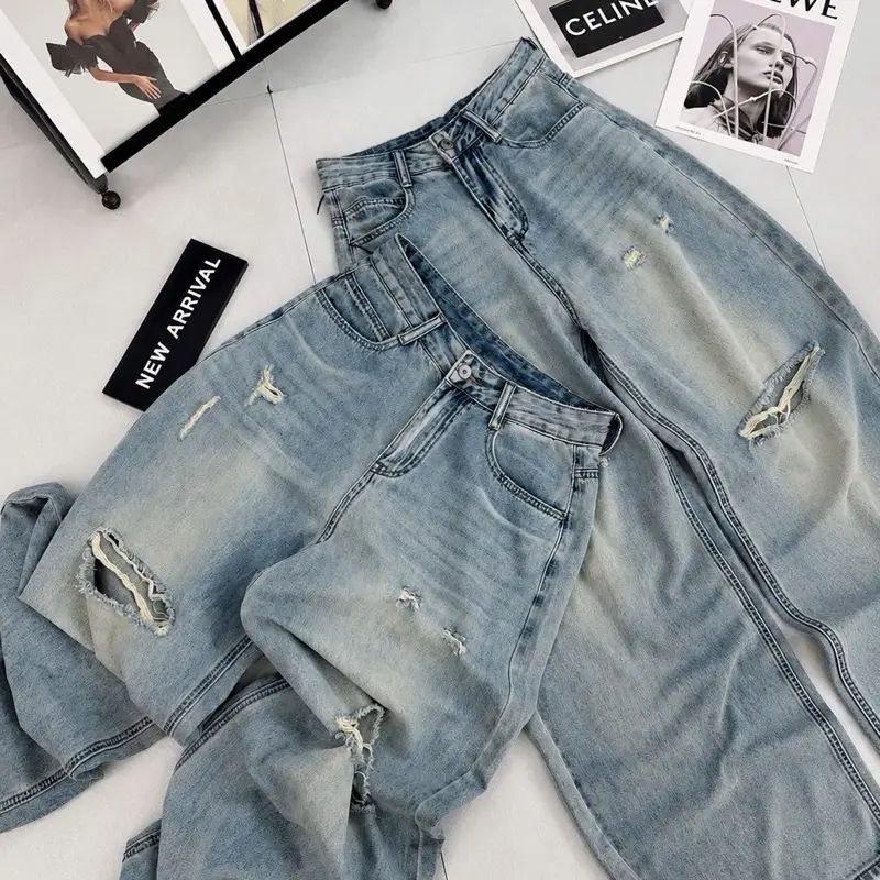 Quần Jean Nữ Suông CHEZI HOUSE Wash Rách Nhẹ Xanh Ánh Mài Vải Jean Mềm Dài 102cm Cao Cấp  #8660 Phom Ống rộng Hack Dáng.