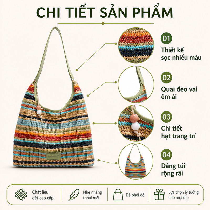 Túi Cói Đan Hè Thời Trang Nữ Túi Xách Túi Đeo Chéo,Màu Tương Phản,Sọc Lớn,Dung Tích Lớn,Đi Biển