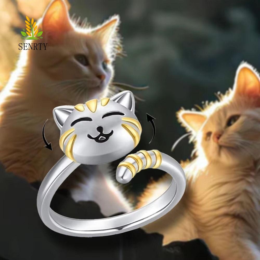 Nhẫn Spinner SENRTY Fidget, Nhẫn Mèo Con Hoạt Hình Dễ Thương Có Thể Điều Chỉnh, Bạc Bền Động Vật Kim Loại Xoay Tự Do Nhẫn Nữ Cô Gái