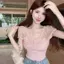 Áo len ren tay phồng màu hồng gợi cảm dành cho nữ mùa hè Pure Desire Sweet Hot Girl Áo ngắn một vai nhỏ