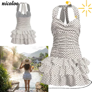 NICOLOO Chấm Bi Đồ Bơi Một Mảnh, Váy Ruffle Thiết Kế Lưng Váy Đi Biển, Phong Cách Băng Gợi Cảm Giảm Béo Bụng Kiểm Soát Cao Cấp Bộ Đồ Tắm Mùa Hè
