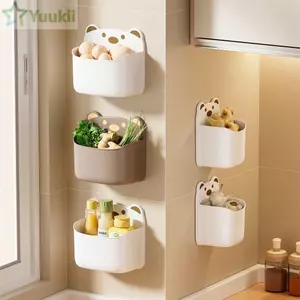 Hộp lưu trữ treo tường YUUKII, Hộp đựng văn phòng phẩm màu nâu trắng Dụng cụ sắp xếp để bàn, Gấu hoạt hình tự dính dễ thương Không có bút khoan Phòng tắm nhà bếp