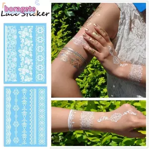 BORAGETE Henna Dán Mùa Hè Dùng Một Lần Ren Trắng Cánh Tay Hoa Đen Hình Xăm Miếng Dán