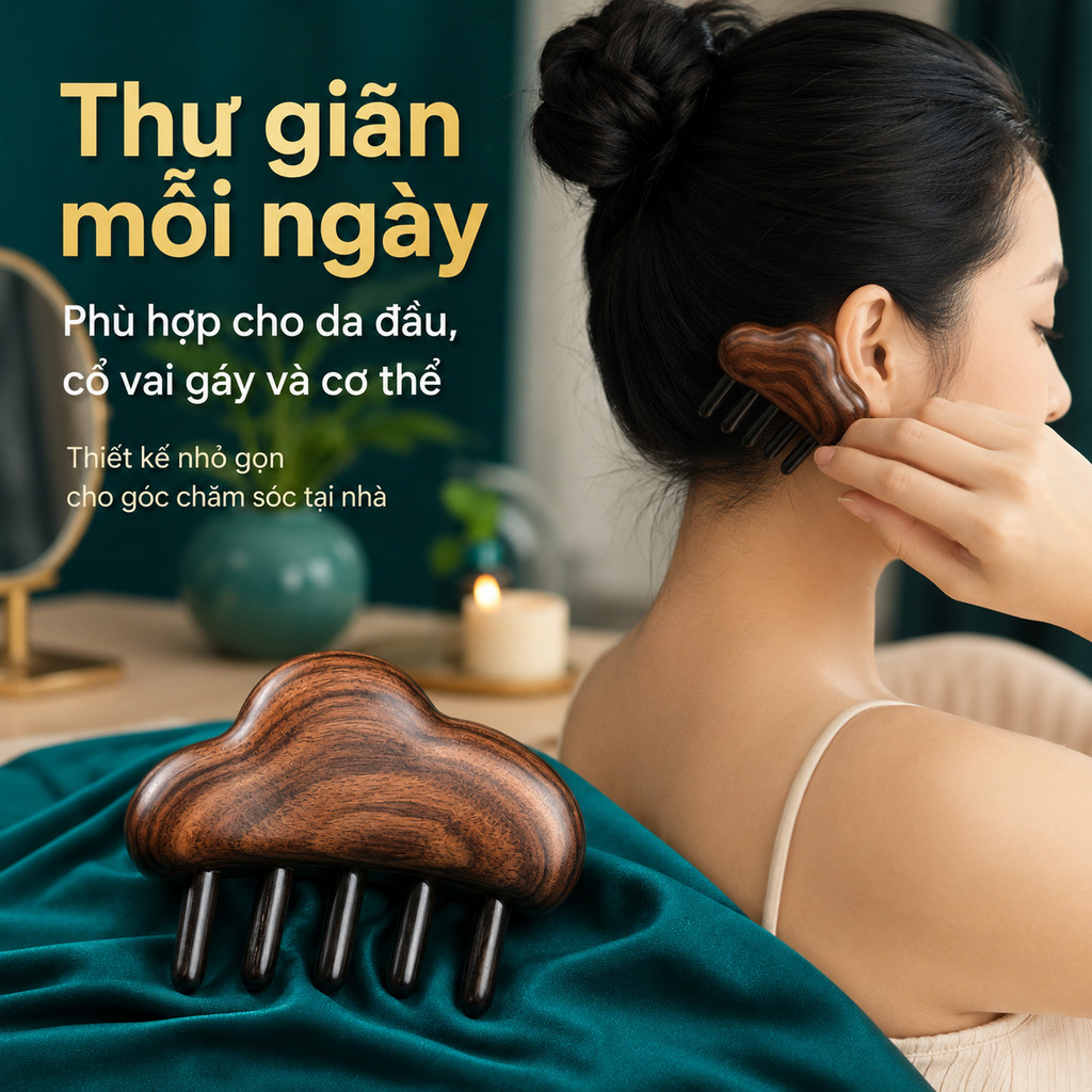 Lược Massage Đầu Gỗ Đàn Hương Hình Mây - Chải Da Đầu, Khơi Thông Kinh Mạch, Massage Cổ Vai Gáy Tại Nhà