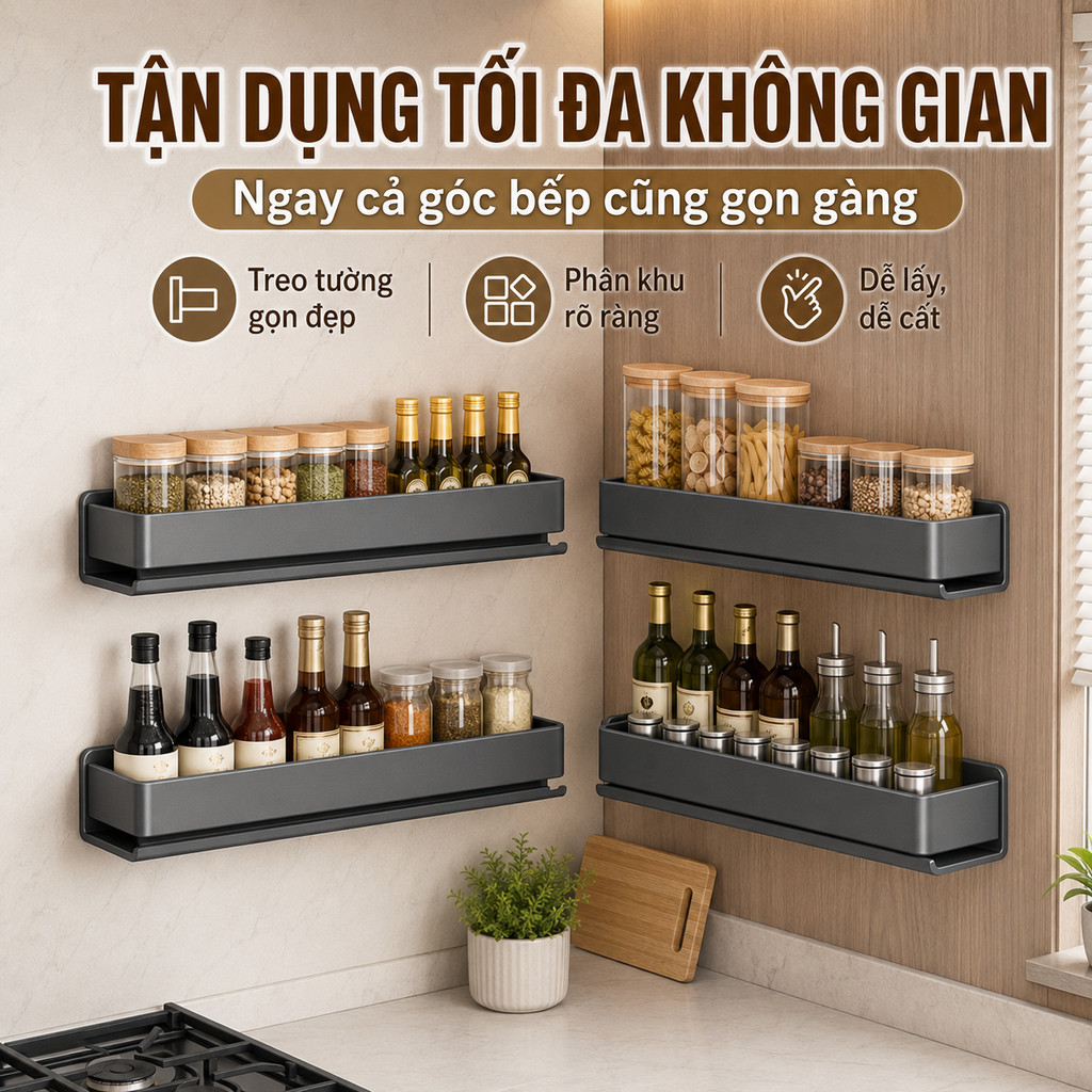 Kệ Gia Vị Nhà Bếp Thép Carbon - Đa Năng, Lắp Dán/Khoan Tường, Chịu Lực Tốt, Không Gỉ