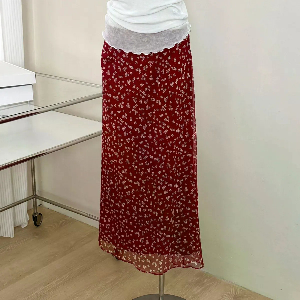 Váy mùa hè hoa cổ điển hoa màu đỏ Váy mùa hè dài vừa phải