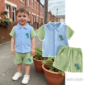 6M-4Y Bé Trai Mùa Hè Bộ Khủng Long In Bỏ Túi Nút Xuống Áo Sơ Mi Tay Ngắn Co Giãn Eo Quần Short