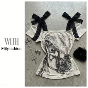 Milyfashion Skull Print Retro Áo thun ngắn tay một vai Niche Ren hẹp Shou