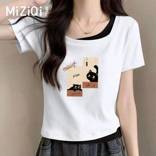 [MIZIQI] Áo thun ngắn tay hai mảnh giả mơ ước dành cho nữ, Áo thun ngắn in hình mèo con mùa hè