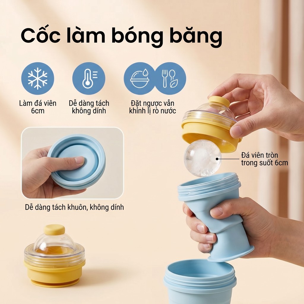 Cốc silicon gấp gọn, chất liệu thực phẩm chống rò rỉ kèm ống hút, dung tích lớn,cốc làm đá đa năng