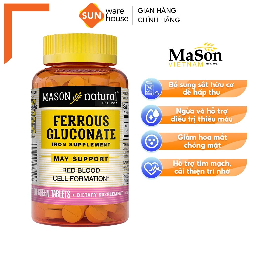 Viên Uống Sắt Cho Bà Bầu MASON NATURAL Ferrouse Gluconate Giúp Bổ Máu, Tăng Tế Bào Hồng Cầu, Không Tanh - 50/100 Viên
