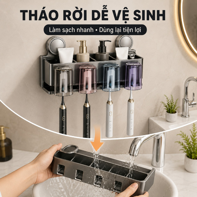 Kệ Để Bàn Chải Hút Chân Không - Tổ Chức Nhà Tắm Gọn, Chất Liệu ABS & Thép Carbon, Lắp Đặt Dễ Không Khoan