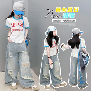 Bé Gái Màu Sắc Tương Phản Cổ Tròn Ngắn Tay Mùa Hè Phong Cách Mới Trẻ Em Chữ Đỏ In Top