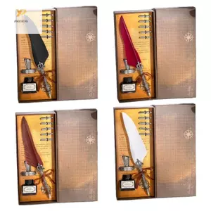 Bút Quill cổ PPY có mực và Bộ bút nhúng lông vũ khắc bằng kim loại cổ điển