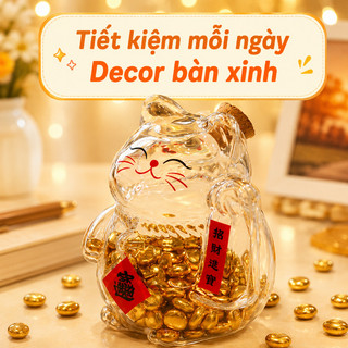 Heo tiết kiệm mèo may mắn mini lọ thủy tinh đựng tiền trang trí bàn học bé cao cấp dễ thương