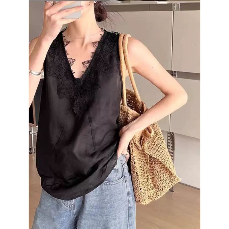 [Giảm giá trong thời gian có hạn] Mùa hè Fat MM Kích thước lớn dáng rộng mỏng hơn trông ren khâu áo Vest không tay cổ chữ V phù hợp cho mọi trận đấu