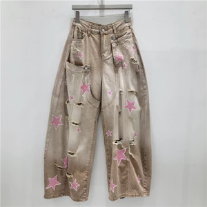 Retro Màu Hồng Ngôi Sao In Quần Jean Nữ Rời Mỏng Phong Cách Mùa Hè Rách Machete Quần Eo Cao Kaki Quần