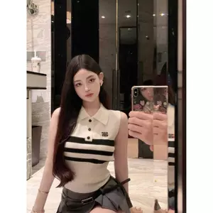Áo Vest POLO dệt kim lụa băng sọc ve áo phong cách hương thơm mùa hè Slim-fit Slimer Look Tính khí Age @ -
