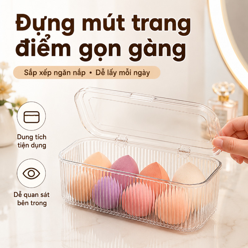 Hộp Đựng Đồ Trang Điểm Trong Suốt Bằng PET Cao Cấp – Dung Tích Lớn, Chống Bụi, Giải Pháp Sắp Xếp Gọn Gàng Cho Bàn Phấn