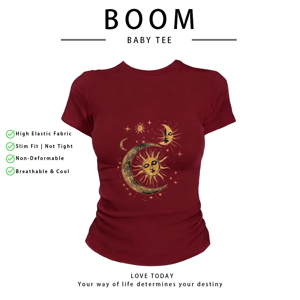BOOM Áo Baby Tee Nữ Cotton Ôm Body-Áo Thun Ngắn Tay Y2K In Hình PhongCách Mùa Hè, Cổ Tròn Hàng Đầucách hàn quốc phong&18